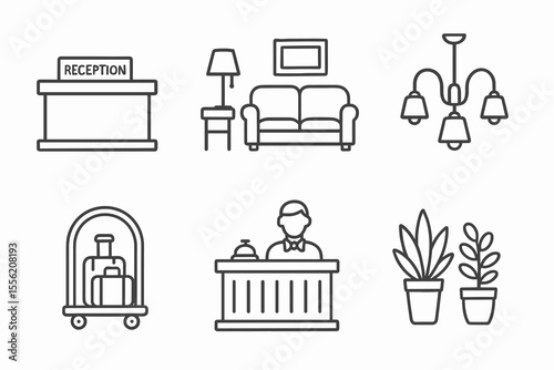 Hotel icon set with reception desk, lounge, and decorations