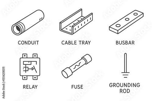 Electrical components: conduit, cable tray, busbar, relay, fuse, grounding rod