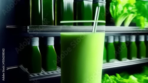 Refreshing Green Smoothie in a Chilled Showcase Surrounded by Fresh Vegetables