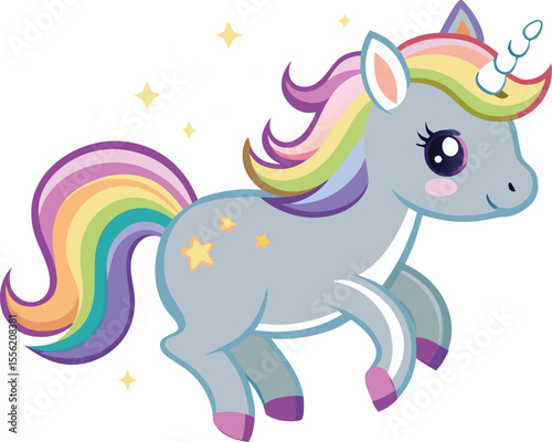 Cute gray unicorn with rainbow mane and yellow stars on white background