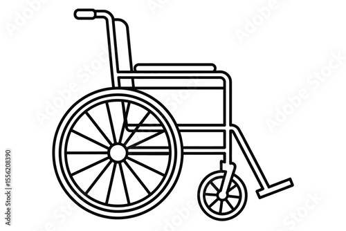 Simple black and white line drawing of a wheelchair on a white background