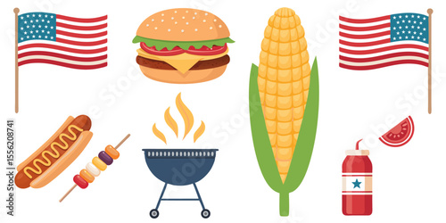 Delicious American Independence Day celebration BBQ food vector collection with hot dog, hamburger, grill, soda, corn, kabob, flags and cookout party essentials in flat design.