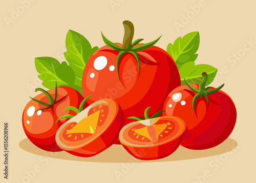 Fresh Red Tomatoes with Green Leaves Illustration