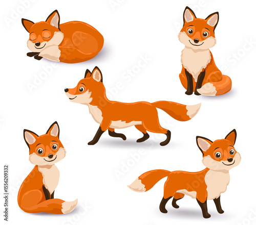  of cartoon foxes in diverse poses, sleeping and curled up, standing, walking, two seated foxes with playful looks.