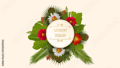 Tropical Floral Frame with Red and White Flowers