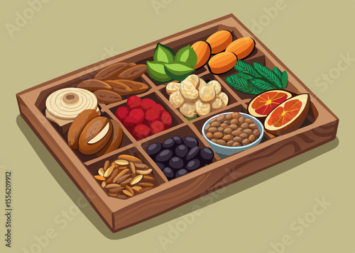 Healthy Assorted Fruits and Nuts in Wooden Tray