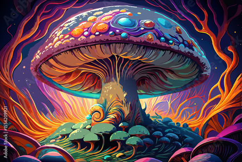Fantastic Mushroom Forest Scene with Vibrant Colors