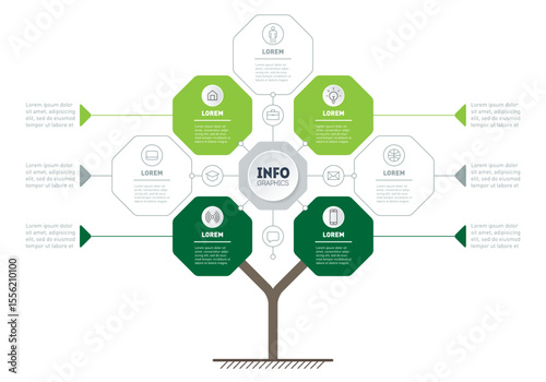 Tree or Infographic of technological or education process with 7 or 4 parts. Eco Business presentation concept with four options. Template of info tree, chart or diagram.