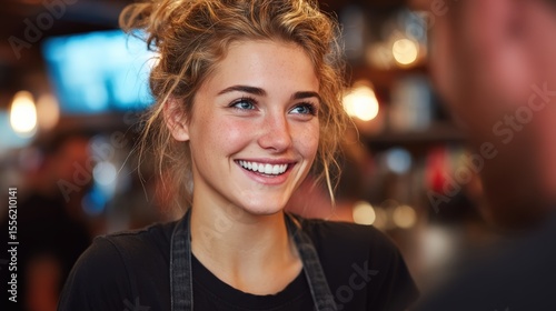 Friendly Barista Serving Customer at Coffee Shop Counter – Eye-Level Interaction Scene