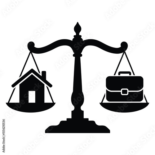 Work-Life Balance – Scale with home and briefcase, A scale illustrating the balance between home ownership and career.