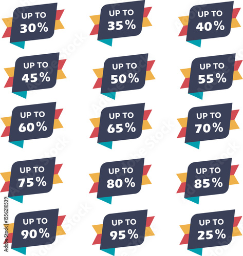 Discount Percentage Banners Up to 25 30 45 50 60 65 70 75 80 85 90 95% Off Sale Labels