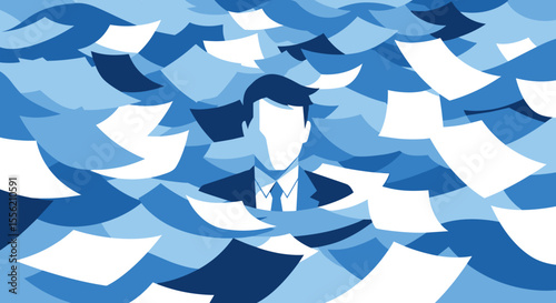 Office worker drowning in a sea of paper documents as if submerged in an underwater archive  