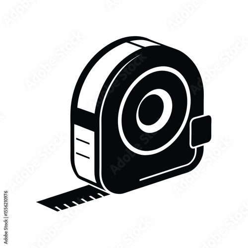 Black and white isometric tape measure illustration, minimalist design, precise and professional measurement tool for engineering or DIY