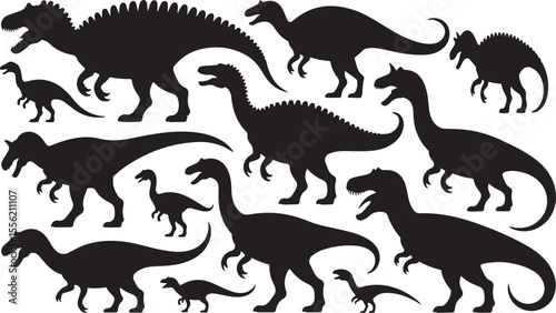 Diverse prehistoric creatures in black silhouette dinosaur ancient