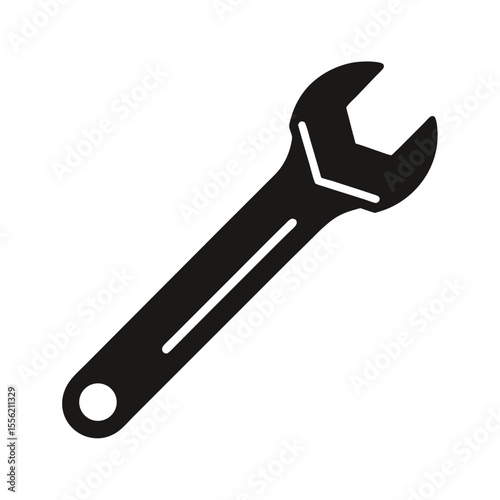 Black and white wrench icon, simple minimalist tool graphic, repair and efficiency symbol, suitable for industrial or technical design projects