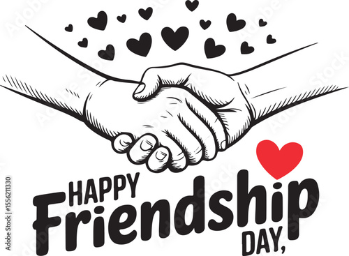 Two hands shaking with hearts above and friendship text below handshake love