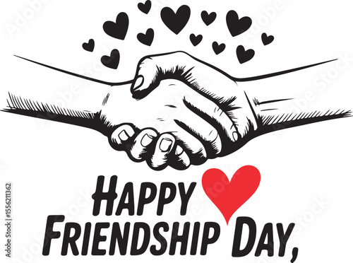 Two hands shaking with hearts above and text below handshake friendship