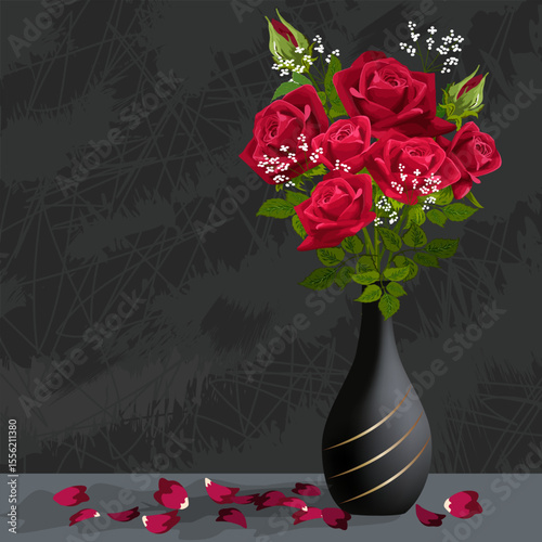 A bouquet of red roses in a vase.Vector illustration with bouquet of red roses in black vase on table with petals.