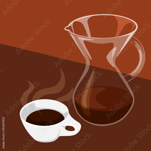 Brewed Coffee in Glass Pour Over Carafe and Cup Illustration