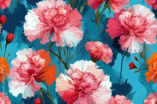 Bright floral pattern featuring pink and orange carnations on a blue background, ideal for fabric or wallpaper design