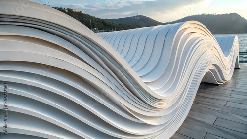 White wave bench architecture design modern outdoor seating public space landscape scenic view travel destination