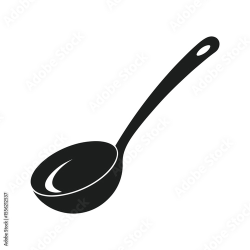 Kitchen ladle icon, black and white illustration, minimalist style, vector design, clean and versatile for culinary branding or blogs