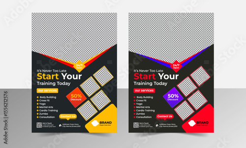 Modern Gym Flyer Template for Fitness Promotion Professional Fitness Club Flyer Design for Gym Advertising Creative Gym Flyer for Workout & Personal Training Services Modern Fitness Flyer.	