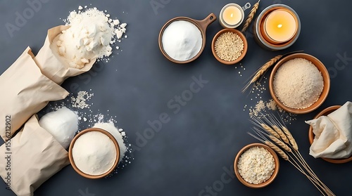 Various baking ingredients are arranged on a dark background in a flatlay composition