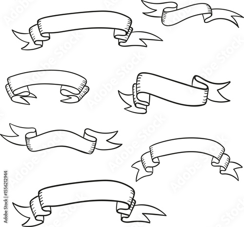 A collection of seven hand drawn banners with different shapes and styles on a white background