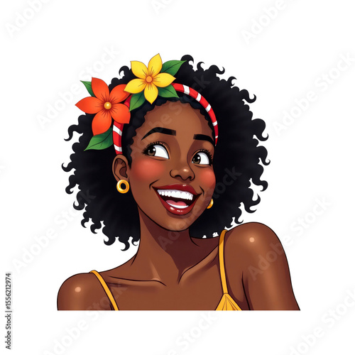 Joyful Black Woman with Floral Headband -  Vibrant Illustration