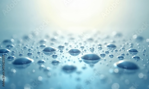 A minimalist illustration of water droplets on a glass pane, shimmering under soft sunlight.