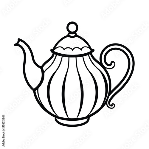 Vintage teapot line art, black and white illustration, elegant and ornate design, classic tea branding, minimalist and timeless vector