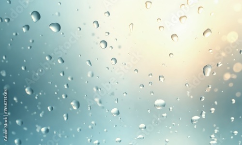 A minimalist illustration of water droplets on a glass pane, shimmering under soft sunlight.