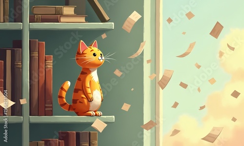 A cartoonish cat figure balancing on a shelf edge, surrounded by flying books and swirling papers.