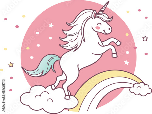Cute White Unicorn with Rainbow and Clouds on Pink Background