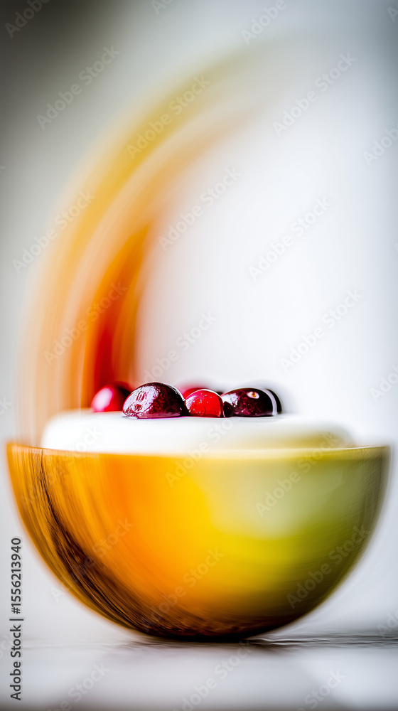 Fototapeta premium Bowl of yogurt with cherries in motion on soft background 