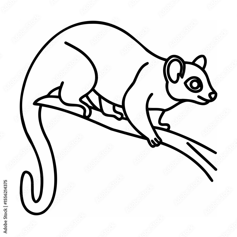 Obraz premium Black line art opossum on a branch with curved tail