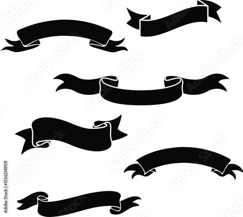 A collection of seven black banner shapes with varying designs on a white background layout design element