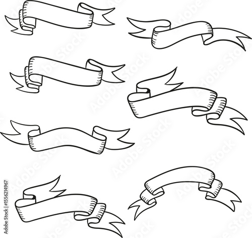 A collection of seven hand drawn banners with different shapes and styles on a white background