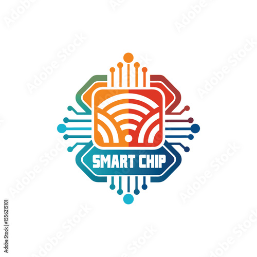 Smart chip technology logo with modern lines, curves, circuit design, digital innovation, futuristic electronic symbol.