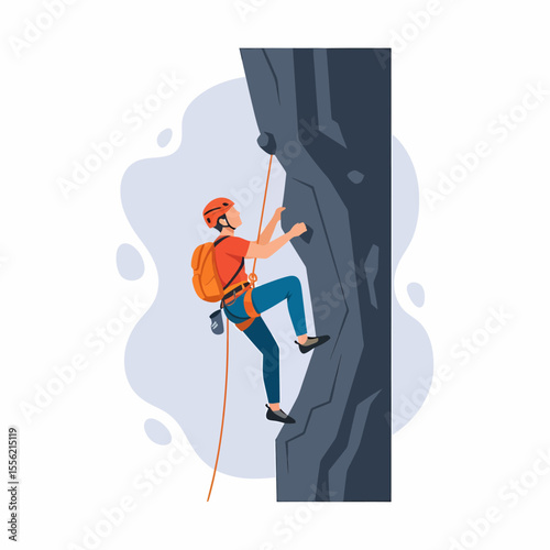 Man climbing steep rock face with safety rope and equipment enjoying outdoor adventure