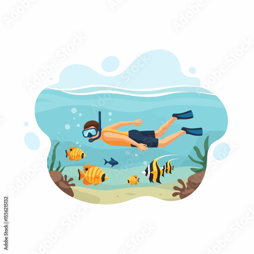 Man snorkeling underwater among coral reef and tropical fish exploring ocean depths