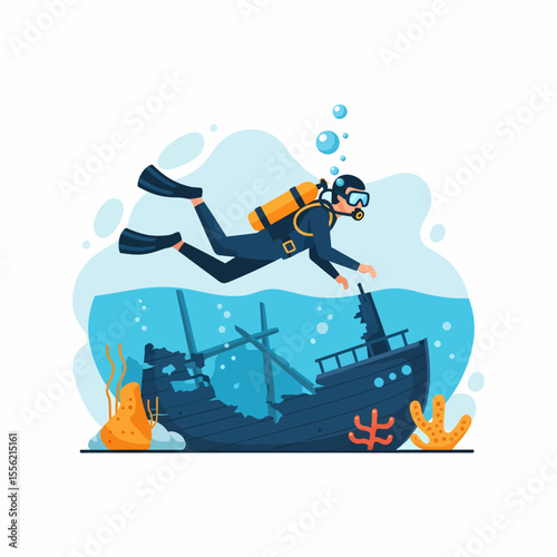 Scuba diver exploring a sunken shipwreck in clear blue ocean water with coral reefs and bubbles