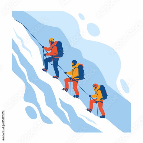Teamwork climbing icy mountain slope using ropes and ice axes for adventure and extreme sports