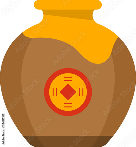 Ancient Chinese Pottery Jar Filled with Golden Liquid, Traditional Design
