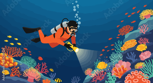 Scuba Diver Exploring Vibrant Coral Reef Ecosystem with Fish and Sea Life