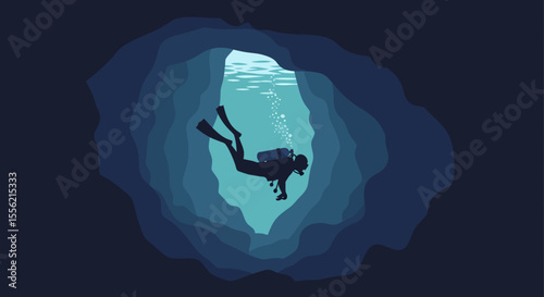 Pixel Art Silhouette of Diver Exploring Dark Underwater Cave Entrance