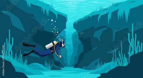 Pixel art diver exploring deep underwater canyon with coral reefs and bubbles