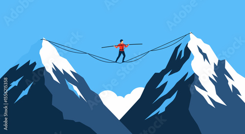 Man balancing on tightrope between snowy mountain peaks overcoming fear and risk