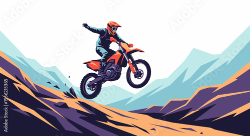 Dynamic Dirt Bike Rider Leaping Over Offroad Terrain With Mountain Backdrop Action Shot